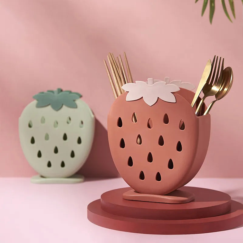 Creative Household Strawberry Chopsticks Cage Kitchen Standing Multi-Functional Chopsticks Cage Double-Grid Drain Chopsticks Box